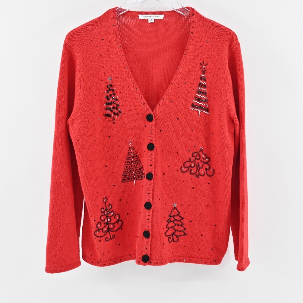 MERECR STREET STUDIO Cardigan Womens Sz M Red Cotton Blend Beaded Christmas Tree
